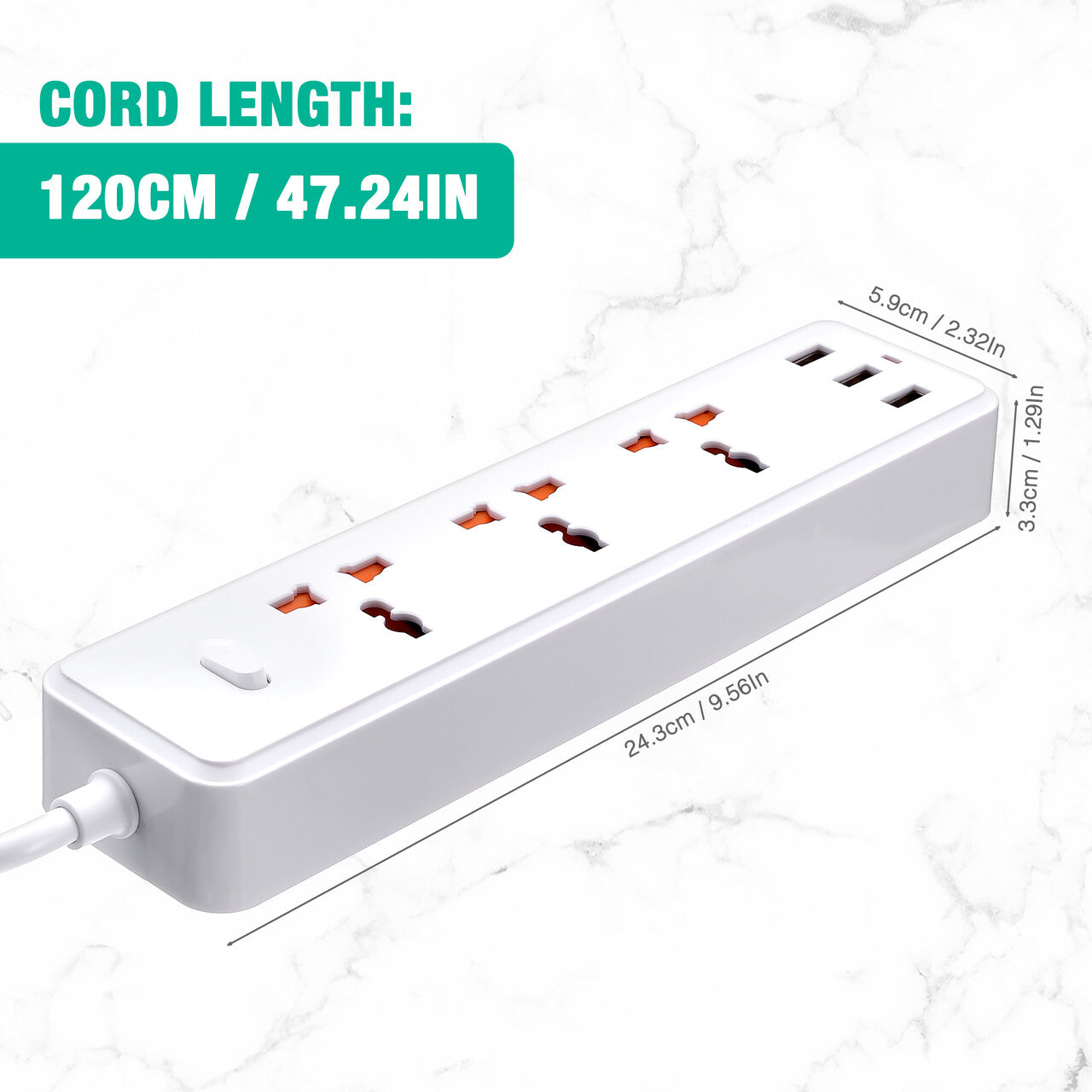 Power Strip Surge Protector Extender with 3 USB Ports 3 Outlet Plugs 1.2M Cord